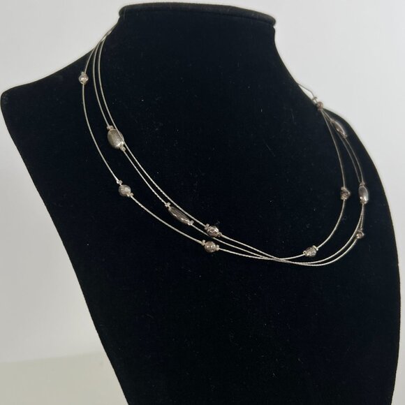 Vintage Y2K Silver Beaded Three Strand Necklace - Minimal Dainty Wire Choker - Picture 5 of 8